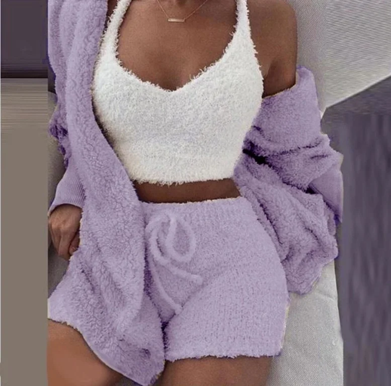 XYMXMN Fashion Women Winter Sleepwear Pajama Sets Solid Plush Hooded Vest Robe Shorts Sleepwear