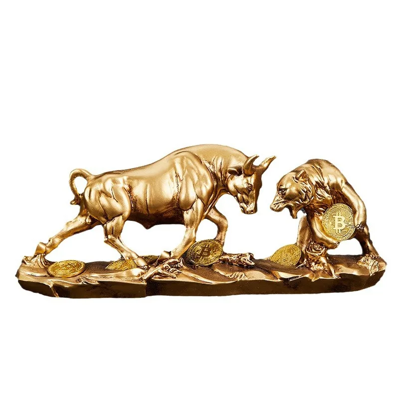Custom factory manufactured creative golden home decor resin wall street stock market desk ornament bull and bear battle statues