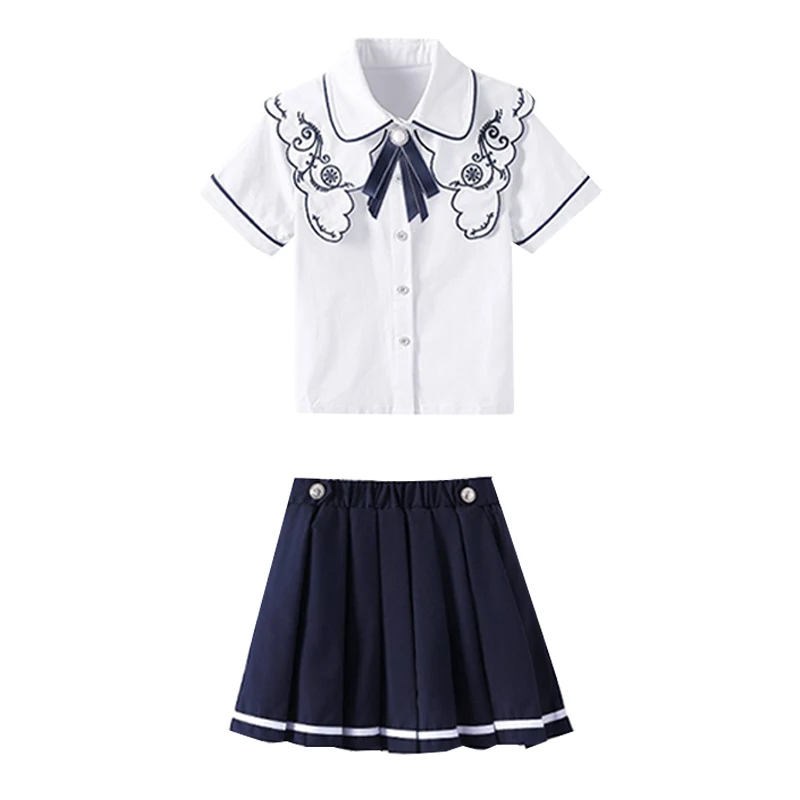 custom your own design two piece short sleeve boy white shirt short set kids girl pleated skirt Chinese style school uniform