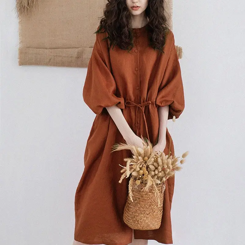 Hot Sale Korean Japan Fashion Cotton Linen Summer Women Dress Casual Puff Sleeve Vestido 2022 Cotton Dress Wholesale