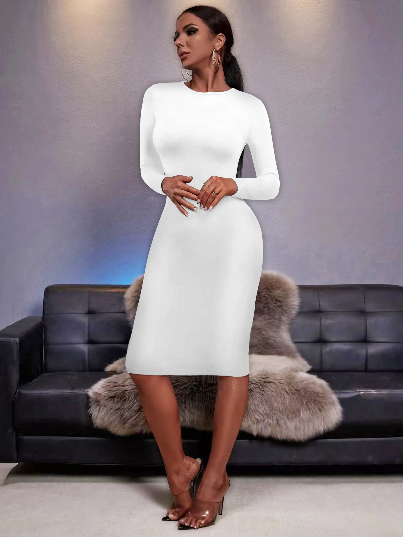 New fashion clothes woman round neck long sleeve casual wrap elegant solid basic dress