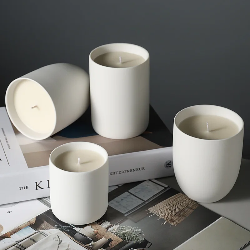 Matte white modern solid color cylindrical ceramic candle jar candle container for candle making