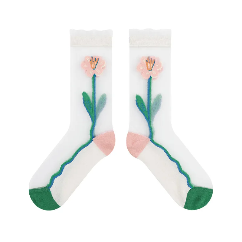 Wholesale Summer Women Tulip Flower Design Thin Nylon Crystal Sheer Socks Transparent Socks