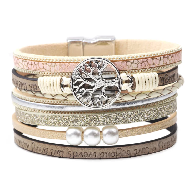 
Magnetic clasp bracelet women wholesale bling leather double wrap bracelet engraved strip and life tree accessories bracelets 