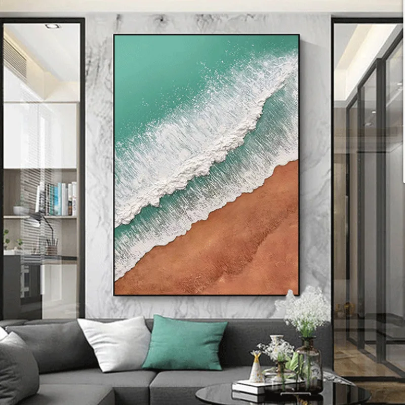 Hand Painted Abstract Canvas Wall Art Beach Waves Picture Living Room Home Decor with Frame Oil Painting