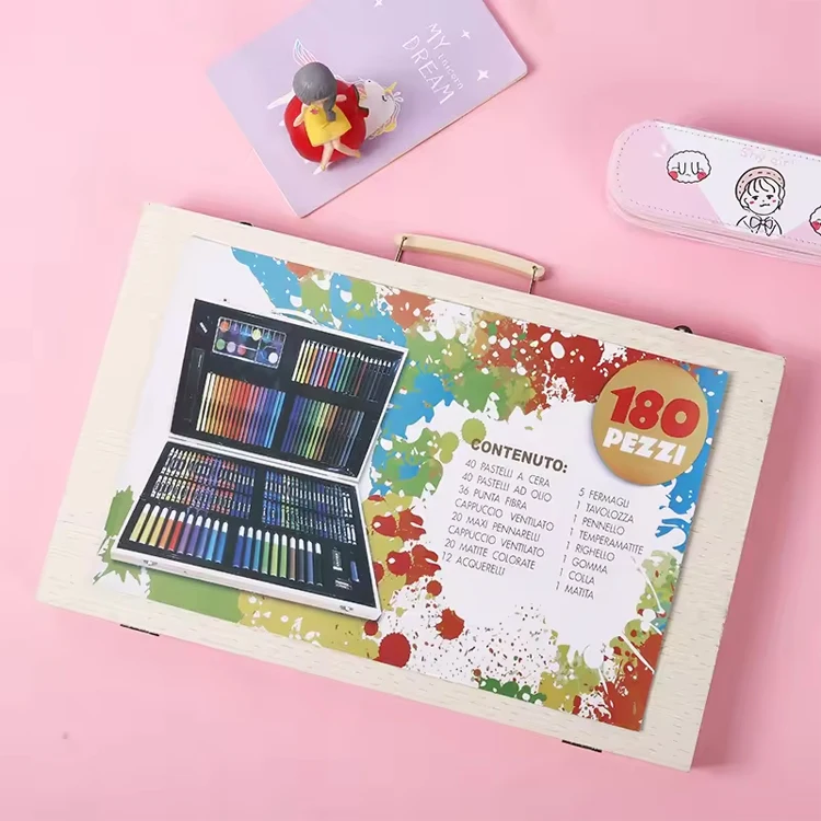 Best Selling  180 Pcs Kids Wooden Box  Watercolors crayons colored pencils  Painting Art Set Drawing Set for kids