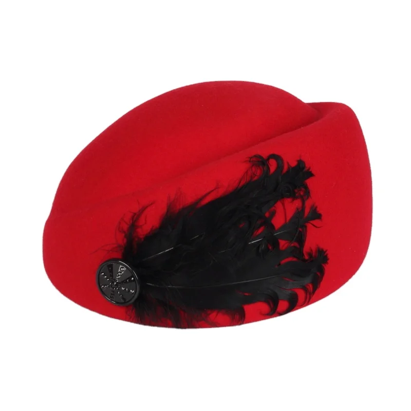 Wholesale Fashionable Women Airline Stewardess Cap Ladies Beret Hats With Feather