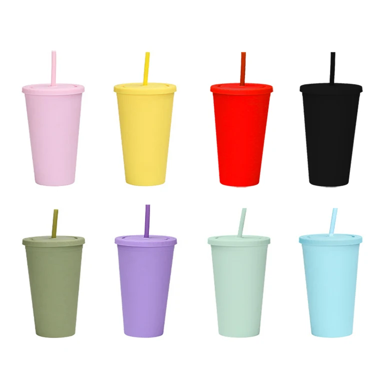 
16oz Colored Acrylic Reusable Cups with Lids and Straws Double Wall Matte Plastic Bulk Tumblers 
