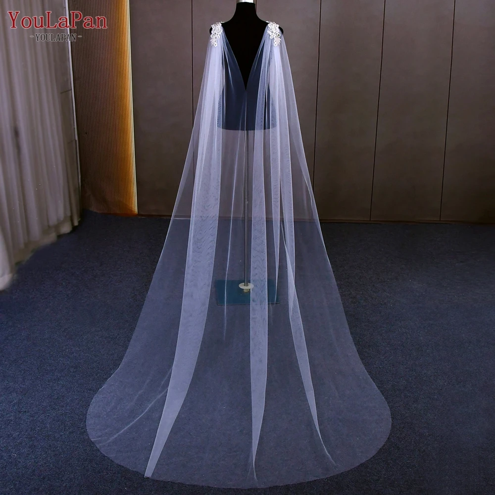 YouLaPan VG01 Pretty Woman Long Tulle Shawl with Detachable Rhinestone Pearl Applique Brooch Bridal Wedding Dress Cape