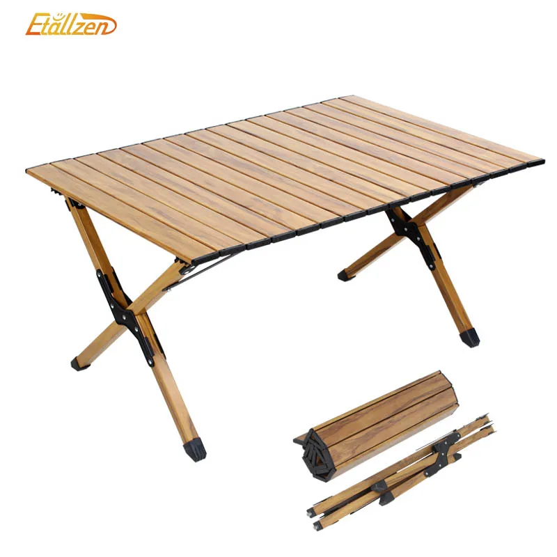 Factory Price Wood Aluminum Camping Foldable Table Adjustable Picnic Outdoor Durable Roll Top Up Folding Table With Light