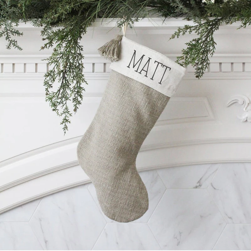 Оптовая продажа, одноцветные рождественские чулки Monogram, льняные рождественские чулки серого цвета с кисточкой