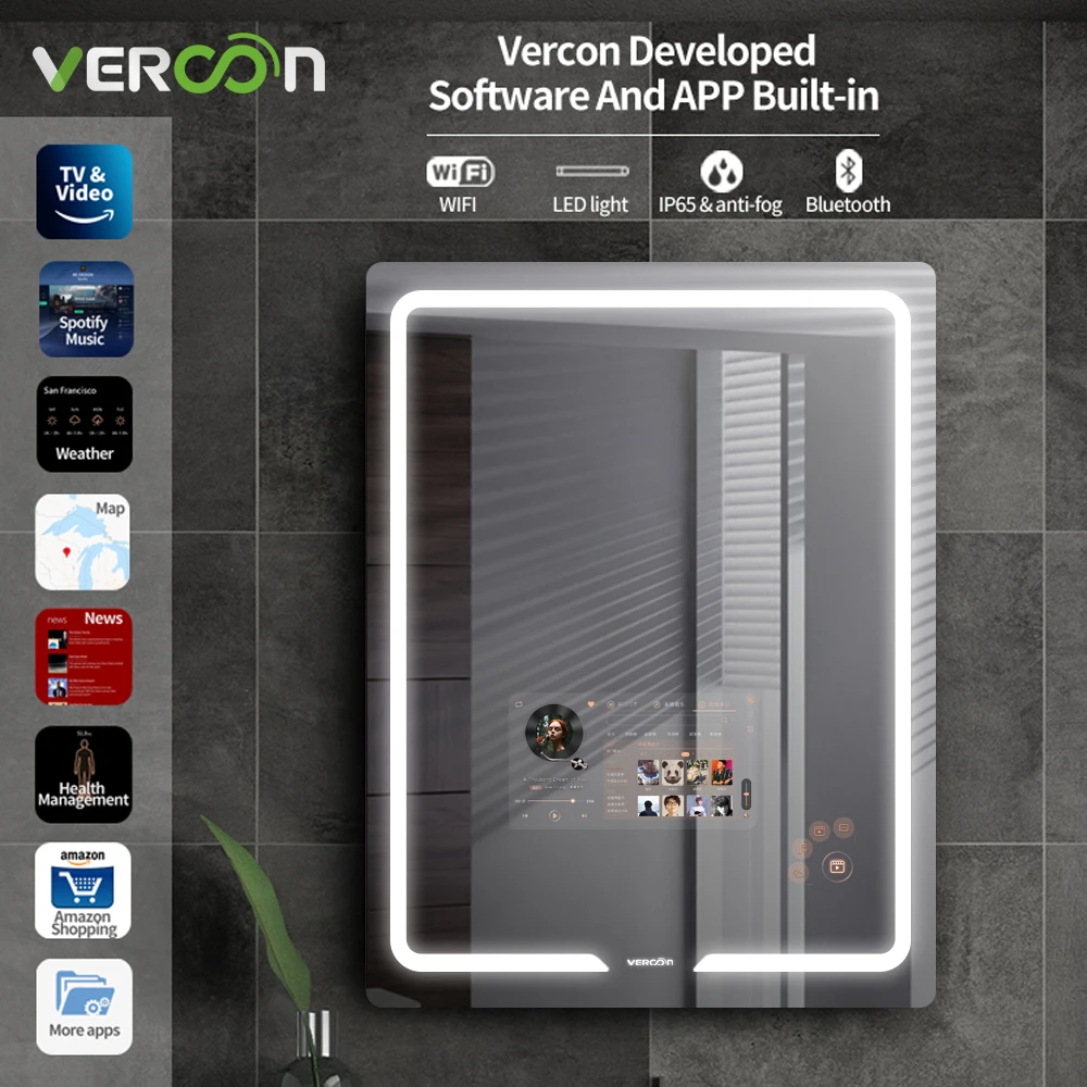 Vercon china manufacturer smart mirror wifi touch screen  led vanity mirror bathroom with lights touch led smart mirror for tv
