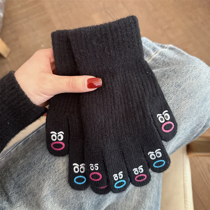 Cute Mouth Monster Wool Knitted Gloves Female Winter Korean Solid Color Touch Screen Warm Anti Cold Split Finger Gloves