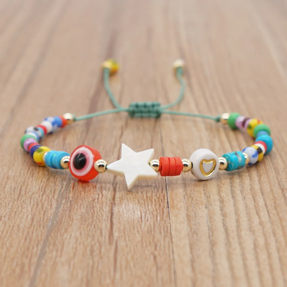 Adjustable Custom Bracelet Five-pointed Star Bead Woven Bracelet Boho Hand Beaded Rainbow Bracelet