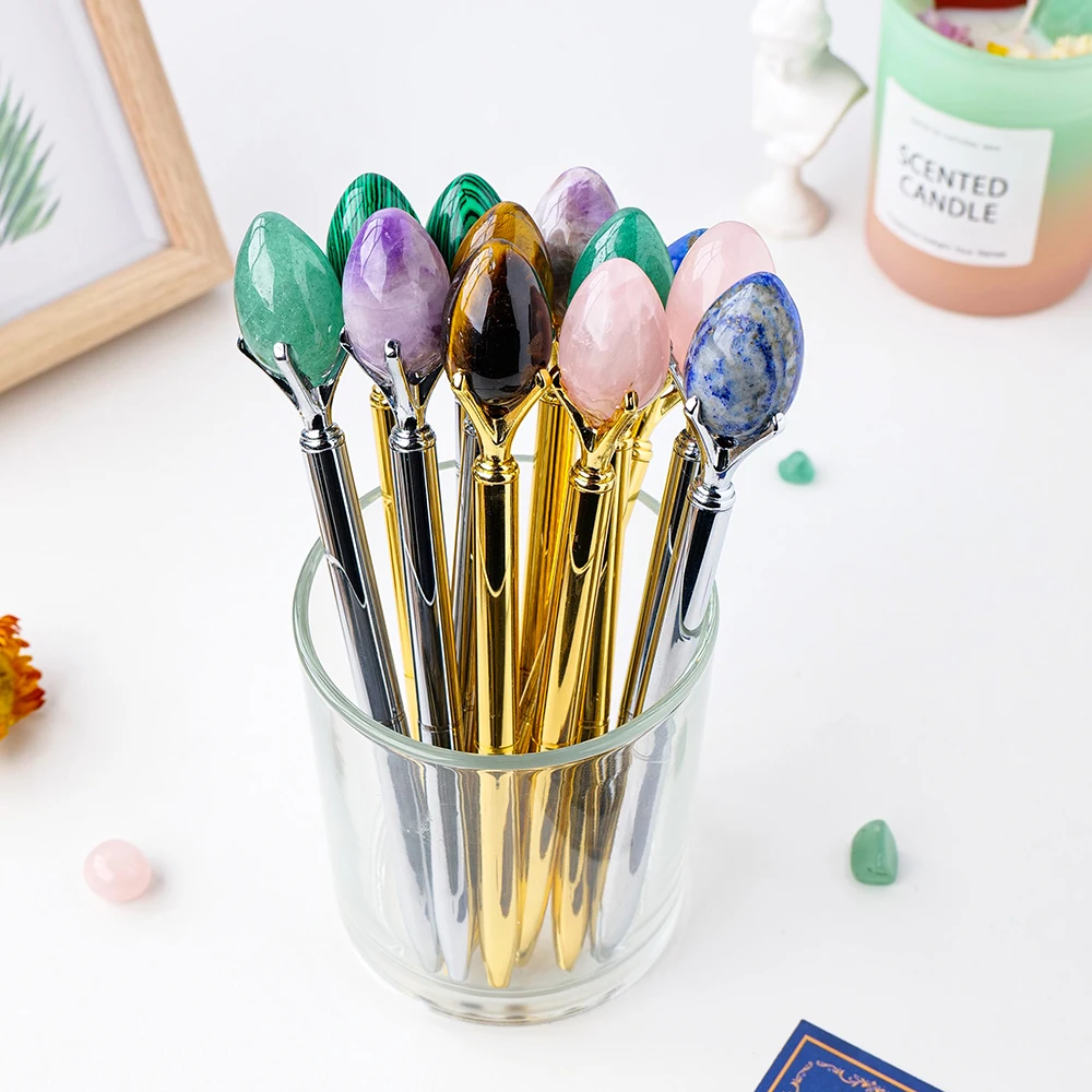 Wholesale Amethyst Dinosaur Eggs Metal Ballpoint Pen Crystal Egg Stone Top Crystal Pen Rotary Business Pens Gift