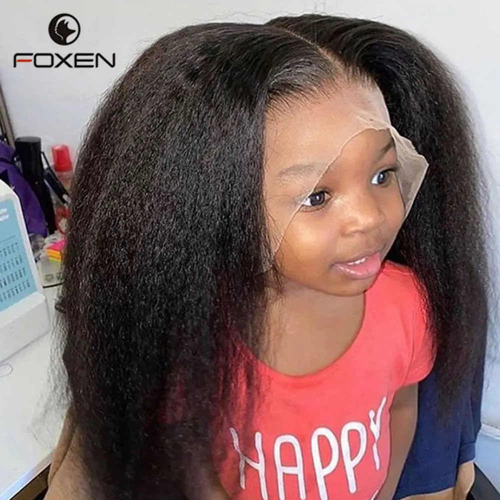 13*4 Ready To Ship Kinky Straight Human Hair Wigs Glueless Yaki Straight 360 Transparent Lace Wig Kinky Straight Lace Front Wig