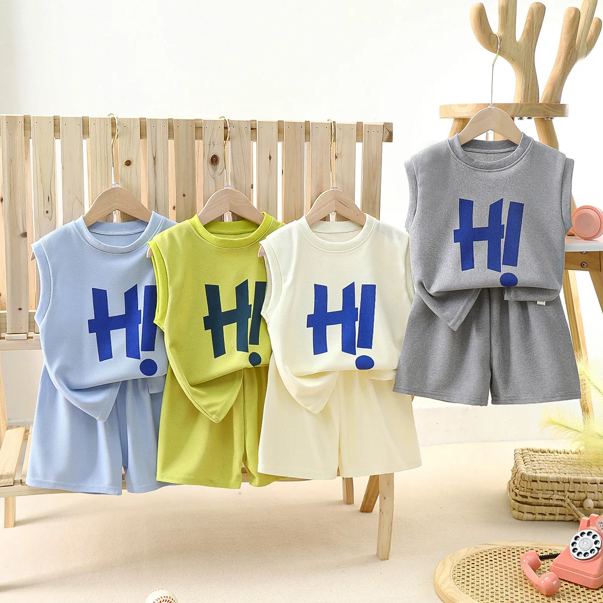 Waffle Mesh Breathable Sleeveless Summer Set 0-6 Years Old Kids Summer Clothes Fashion Hot Selling Baby T-shirt Set
