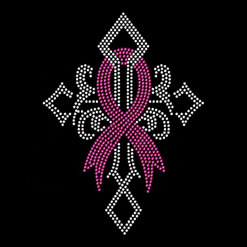 Wholesale  Custom Cross Ribbon Awareness Breast Cancer Survivor Rhinestone Hotfix Iron On Transfer