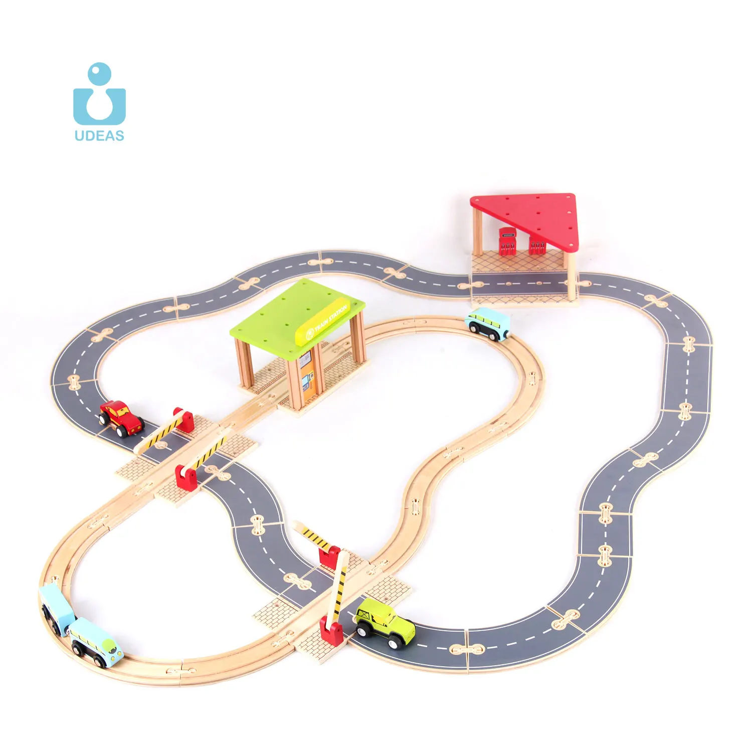 UDEAS Gas station puzzle building blocks wood boys child assembled wooden train track toys