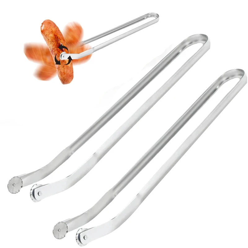 Barbecue Sausage  Long Handle Kitchen Grill Stainless Steel Hot Dog BBQ Sausage Turning Tongs