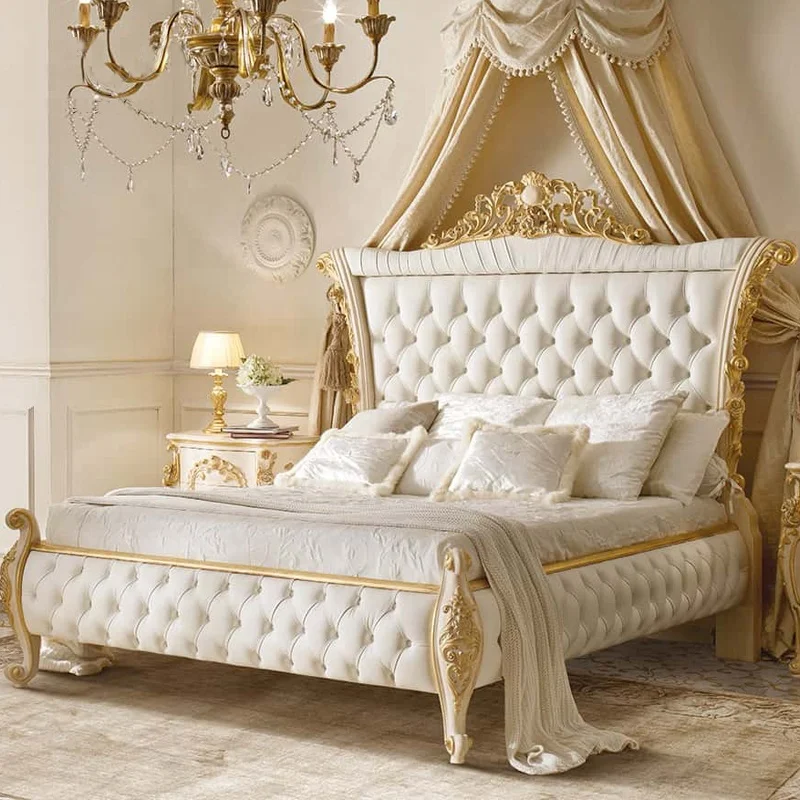 European Style Luxury Wooden King Queen Bed Post-modern Nailhead Trim Leather Furniture