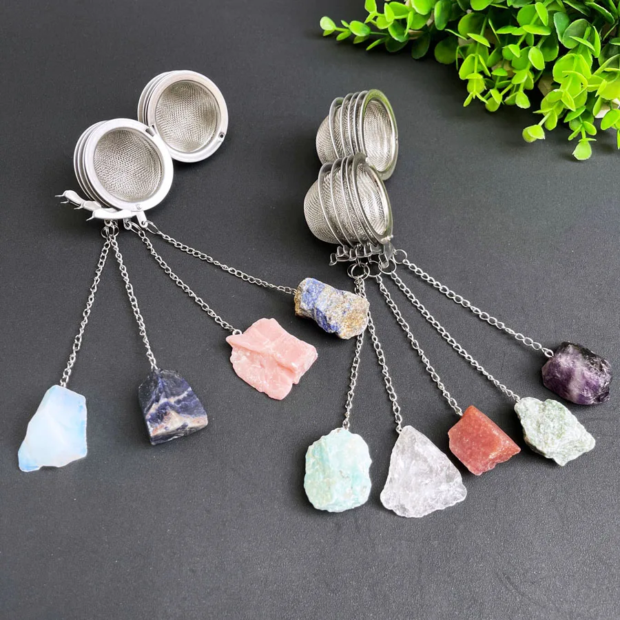 Wholesale Tea Maker Tea Filter Mixed 304 Stainless Steel Natural Gemstone Mixed Raw Quartz Crystal Tea Strainer for Meditation