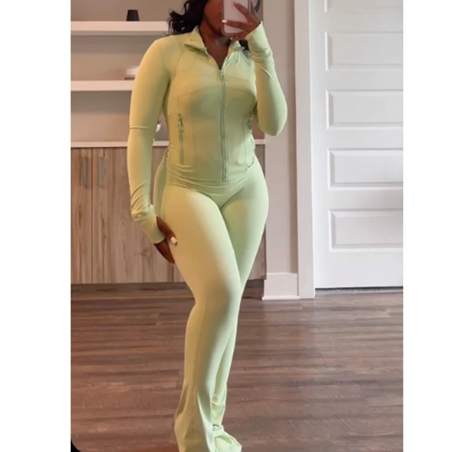 Gym Wear for Women 2 Piece Set Zip Up Active Jacket Nylon Elastane Leggings Flared Pants Yoga Sets For Women