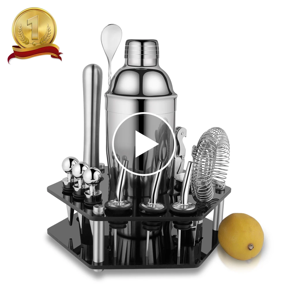 Factory Direct 14pcs Bar Accessories Set Stainless Steel Bartender Cocktail Shaker Set With Acrylic Stand