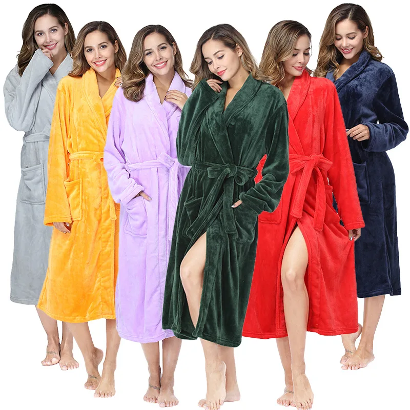 Aoyema Custom Luxury flannel fleece Shawl Collar bathrobes women Robe Sleepwear with Pockets and Waistband