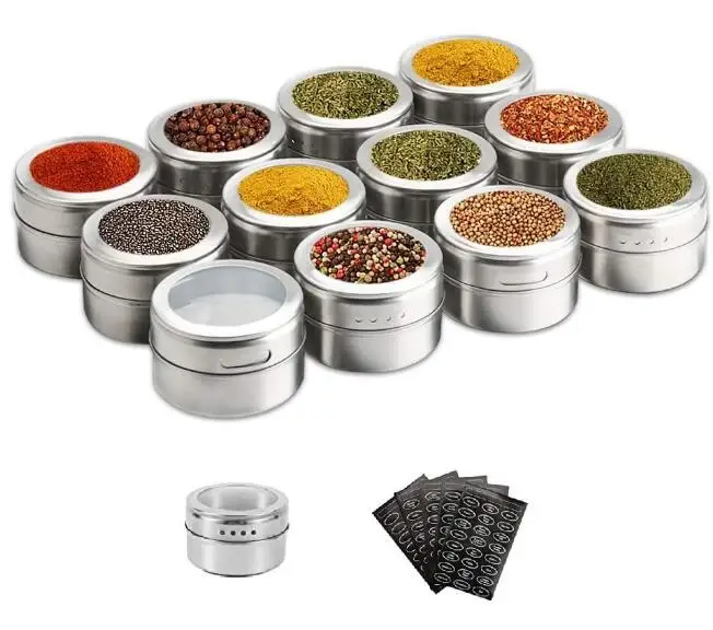 Hot Selling Magnetic Spice Tins Stainless Steel Spice Jar Containers Seasoning Organizers with Label