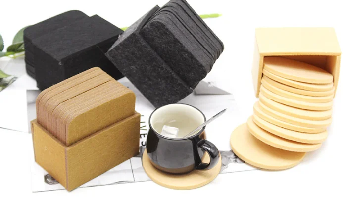 Colorful 10 cm Laser Cut Felt round and Square Glass Coasters with Holder Shaped Felt Placemats for Wholesale Use