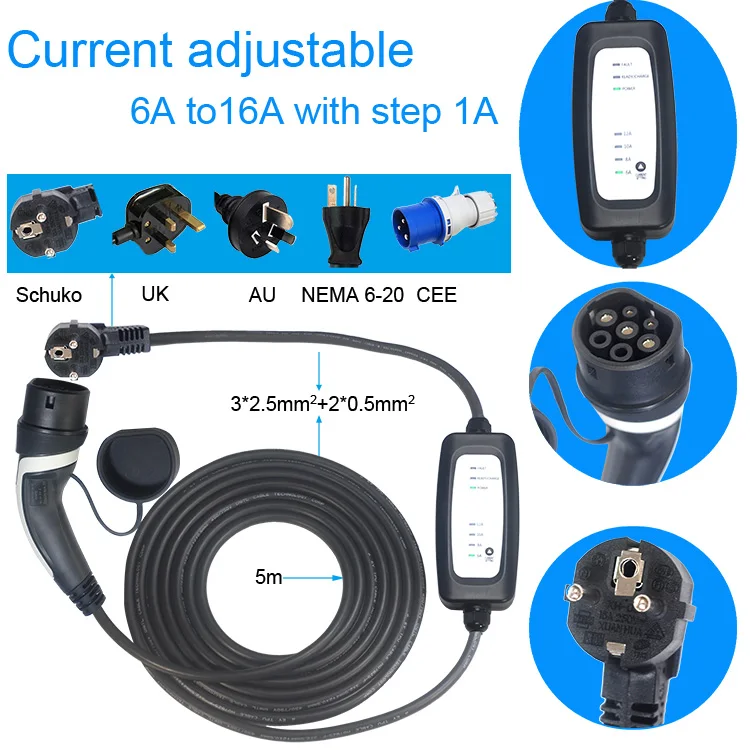 
Portable Ev Wall Charger Eu 16A Electric Vehicle Charge Plug Type 2 Charging Cable 