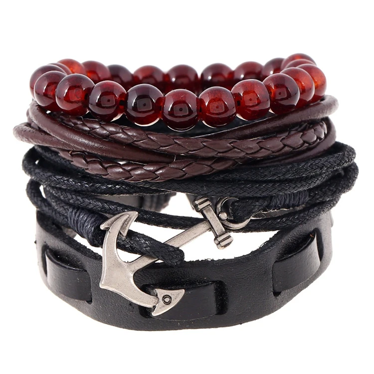 Wholesale Antique Silver Charm Anchor Handmade Braided Adjustable Wax Cord Men Vintage Multilayer Wrap Leather Bracelet Set