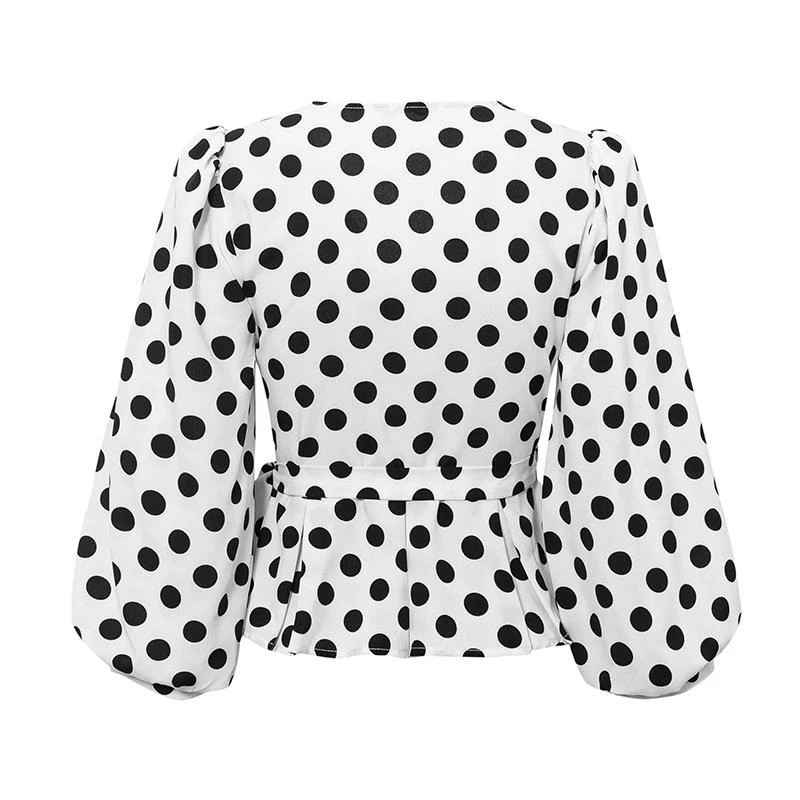Ladies Highstreet Lantern Sleeve Blusa Vintage V Neck Polka Dot White Shirt Women Fashion Wrap Blouse