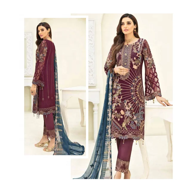 
Light Pink Pakistani Embroidered Dress With Light Blue Thread Paired With Chiffon Dupatta 