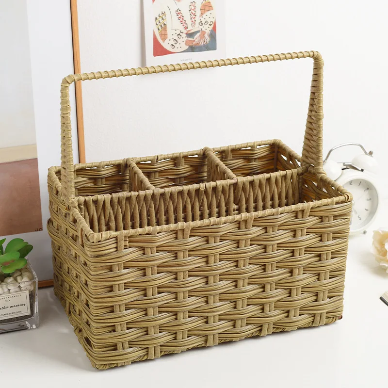 wicker plastic woven plastic rattan kitchen baskets with divider & cutlery holder wholesale kitchen new basket wicker gift fruit