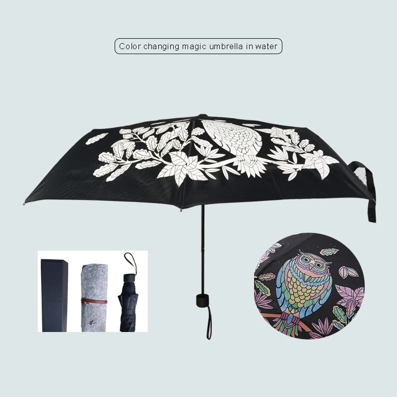 Compact travel 3 folding pocket size umbrella owl pattern changing color 23inch umbrella