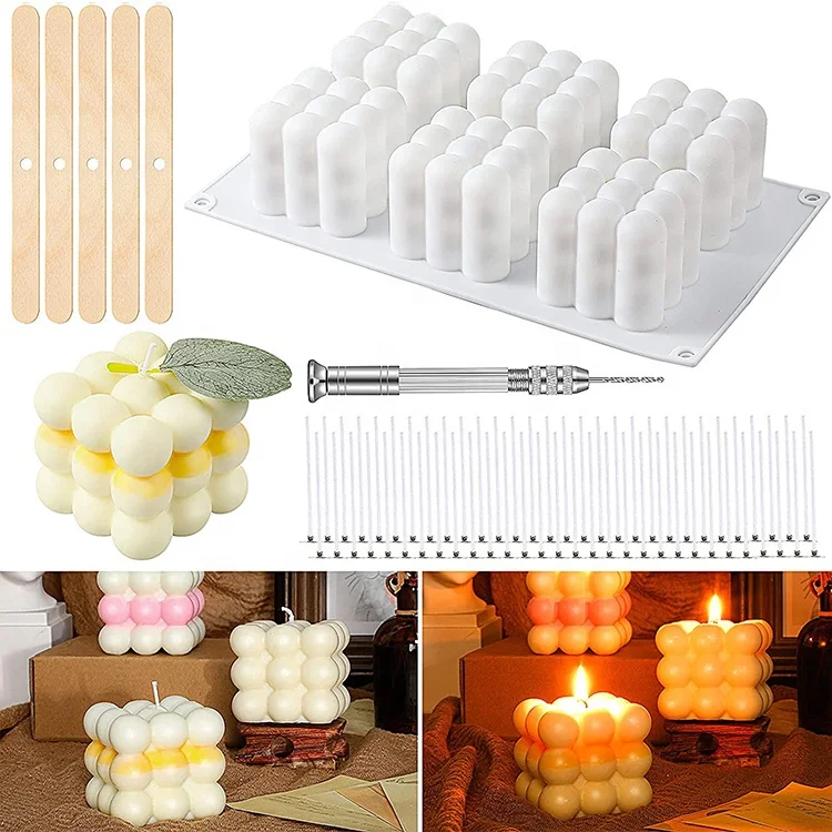 3D Silicone Candle Mold Bubble Soy Candle Wax Molds Kit 50 Wicks Supporting Sticks Hand Twist Drill Chocolate Soap 6-Cavity