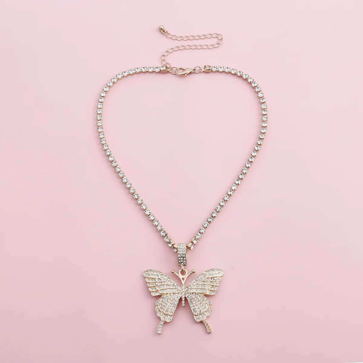 Ins Hip Hop Luxury Jewlry Tennis Chain Diamond Rhinestone Butterfly Necklace for Women