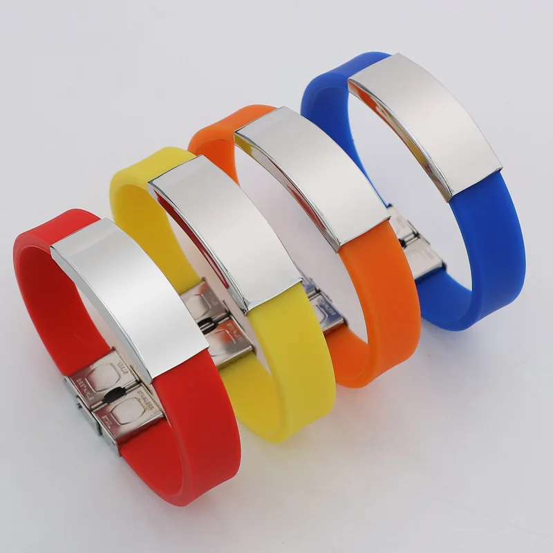 Eco Friendly Customizable Wristband Adjustable Belted Bangles Soft Rubber Silicone And Stainless Steel Letter Charm Bracelet Men