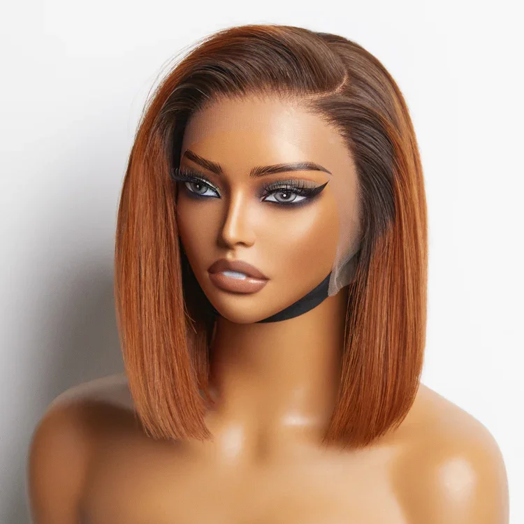 Ombre Ginger Bob Short Human Hair Weaves And Wigs Blunt Cut Bob Double Drawn Transparent Lace Frontal Wig Glueless Hair Vendor