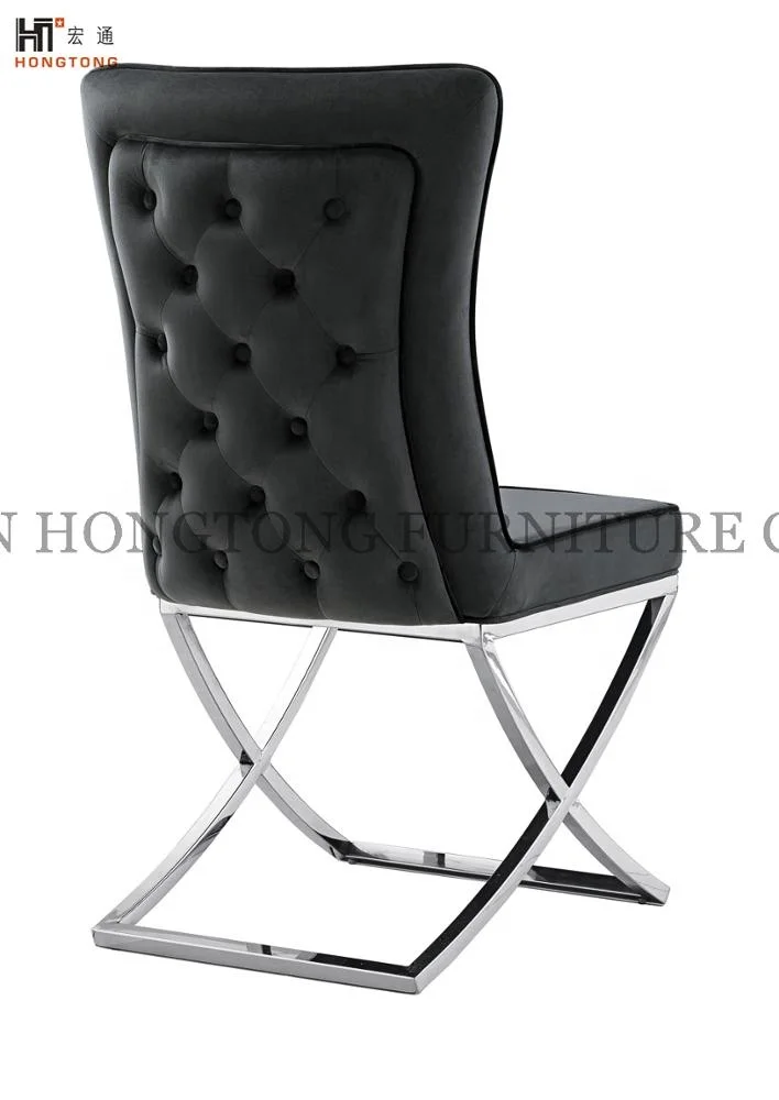 
UK Style Button Decoration Velvet Dining Chair Stainless Steel Chrome Dining Room Chair 