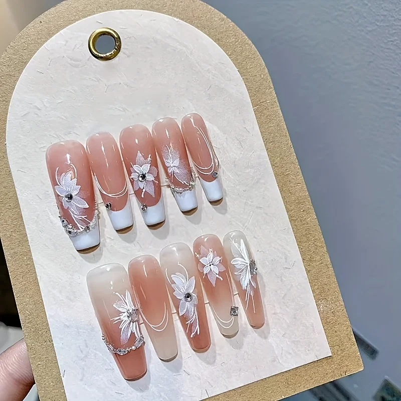 5D Embossed Nail Art Stickers White Floral Elegant Butterfly Lace Design Charm Wedding Nail Art Decals