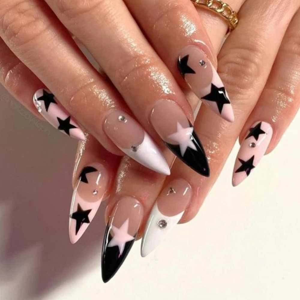 Press on Nail Tips Black and White Fake Acrylic Artificial Fingernails Salon Quality Press On Nails