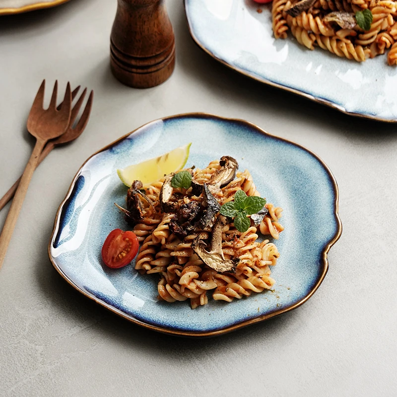 Handmade Ceramic Dinner Plate Rustic Glazed Cold Dishes Fruit Salad Sushi Pasta Food Serving Tray Irregular Restaurant Tableware