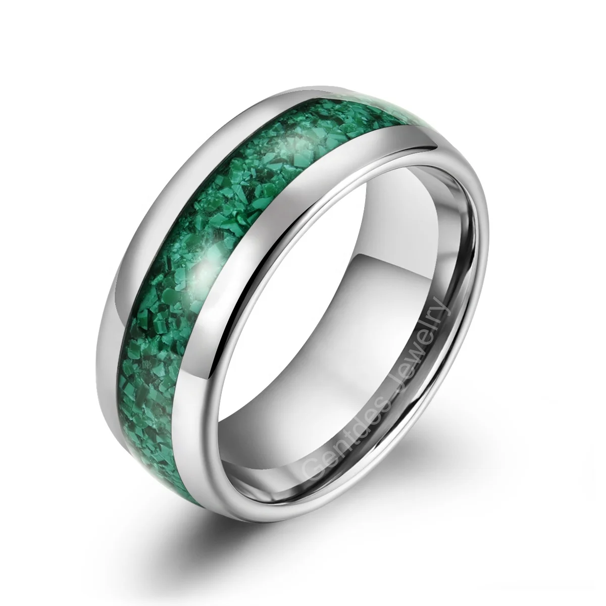 Gentdes Jewelry Dome 8mm High Polished Tungsten Carbide Ring Inlay Crushed Malachite Hot Sale Ring for Men Wedding Band