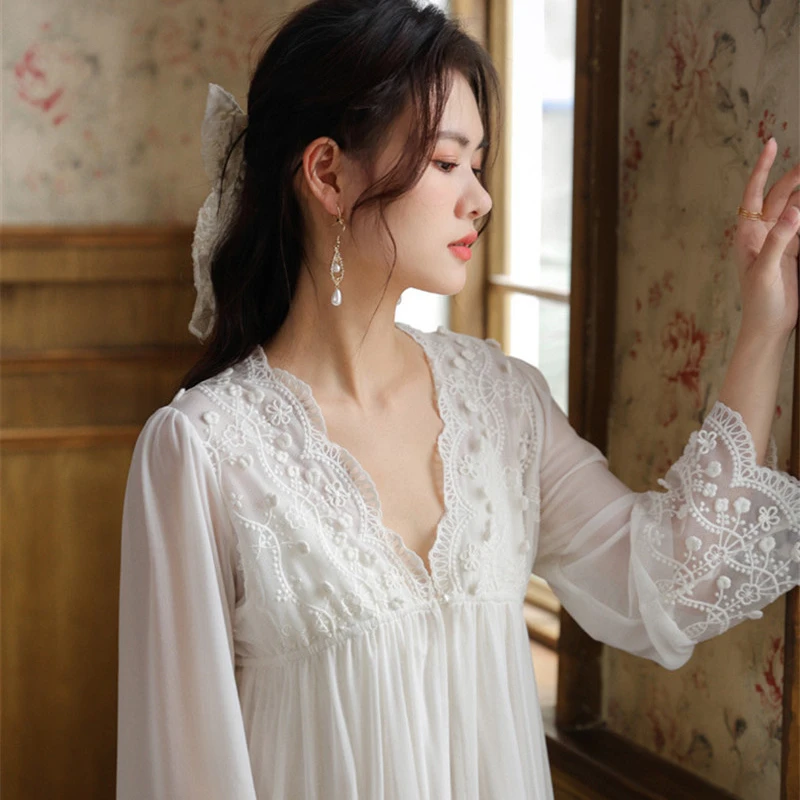 Long sleeve Nightgown Spring/Summer Sleepdress with breast pad and halter in cotton court style mesh sexy pajama set