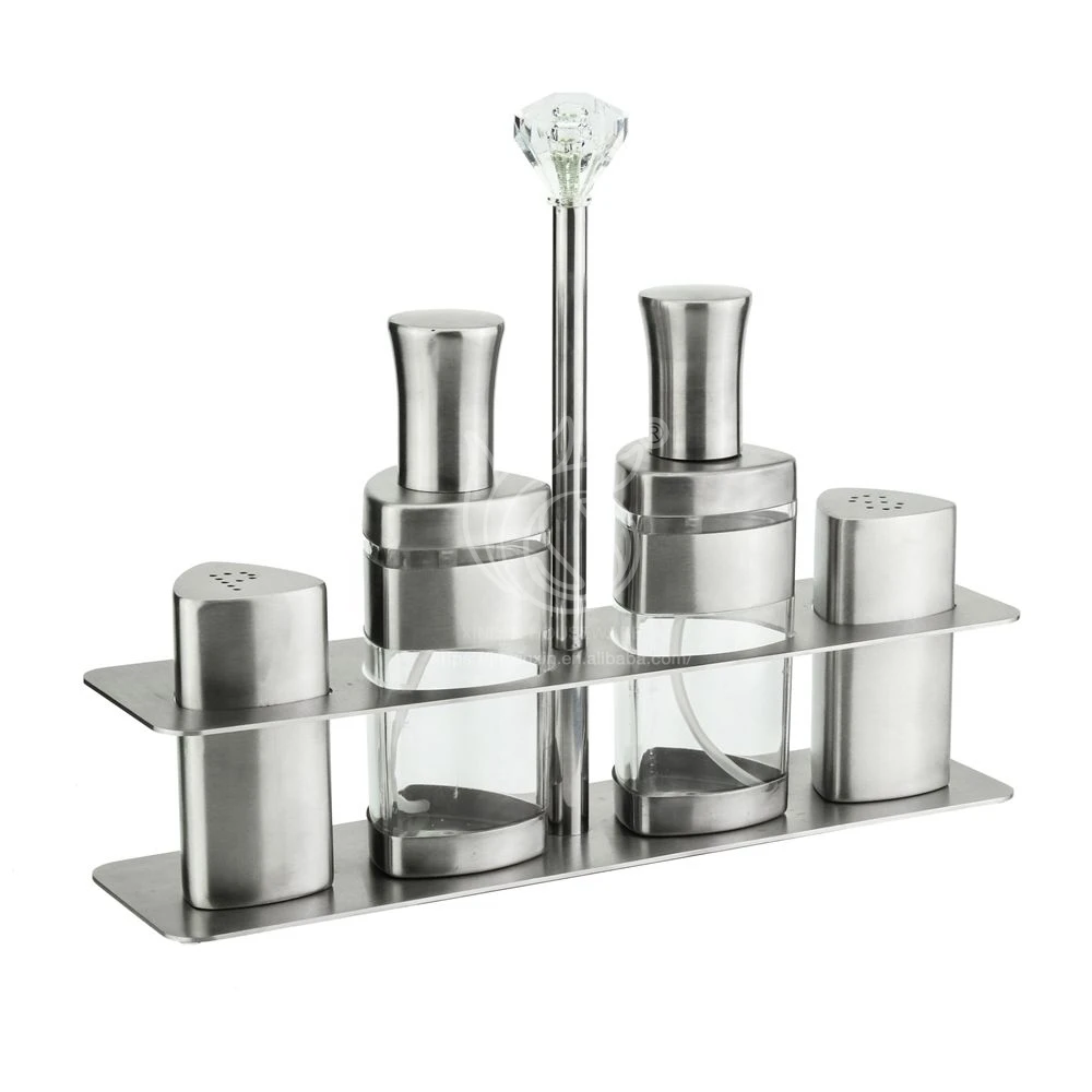 Cruet Set Glass Bottle Oil Vinegar Dispenser Salt Pepper Shaker Seasoning Set With Metal Rack Seasoning Bottle Set For Kitchen