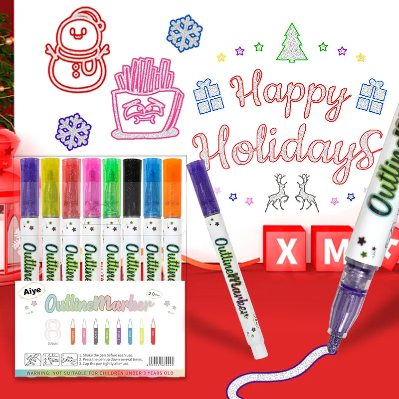 Customized Double Line Outline Marker Pen Kids Colored Permanent Metallic Twin Outline Art Markers For Drawing Graffiti