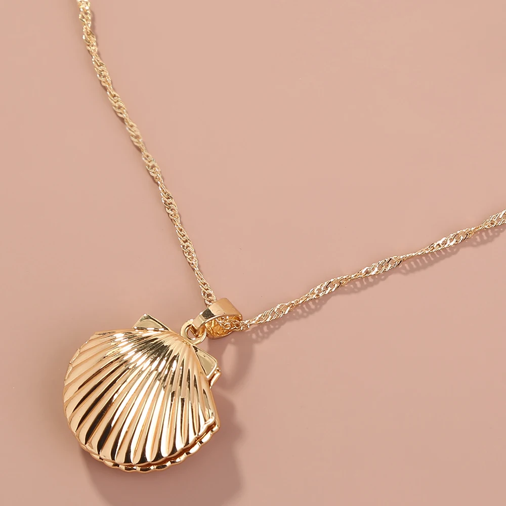 
Beach Style Gold Plated Scallop Can Open Pendant Bohemian Woman Jewelry Necklace 